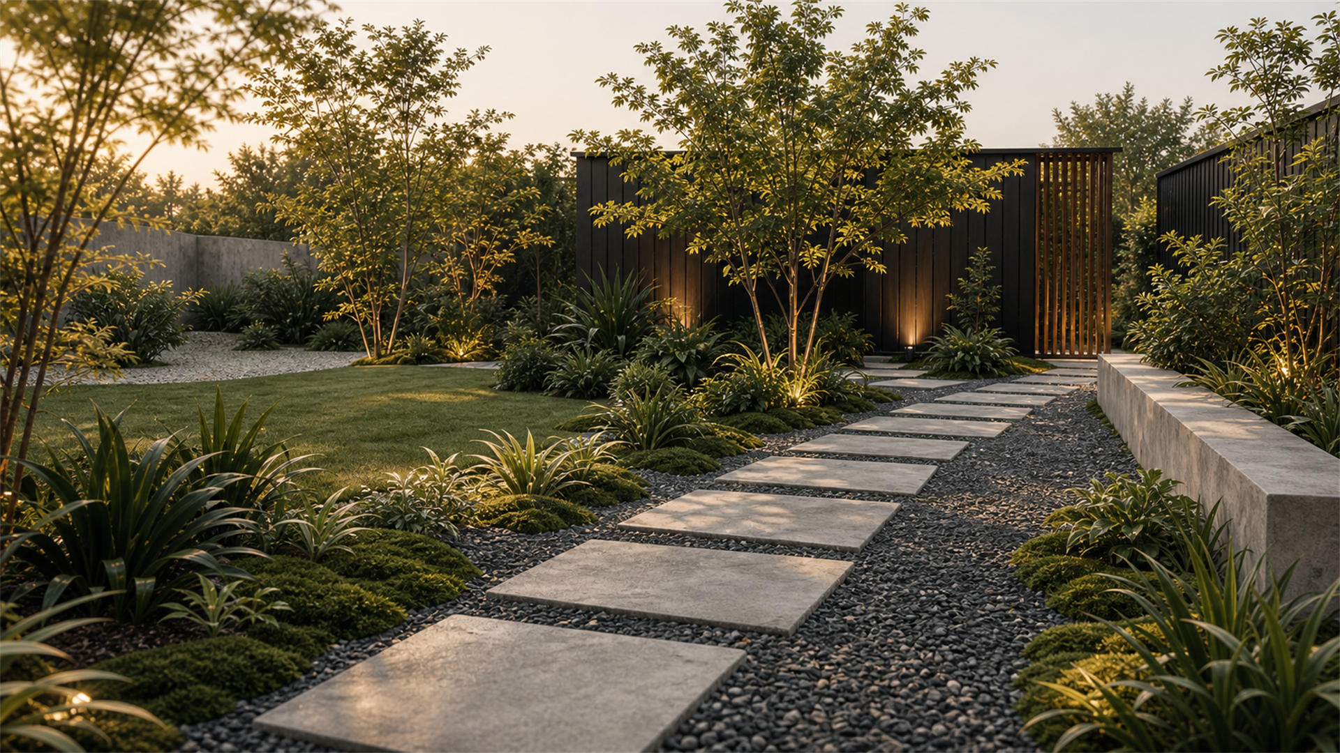 Landscaped courtyard at dusk with a cut-stone stepping path, uplit trees and a timber screen